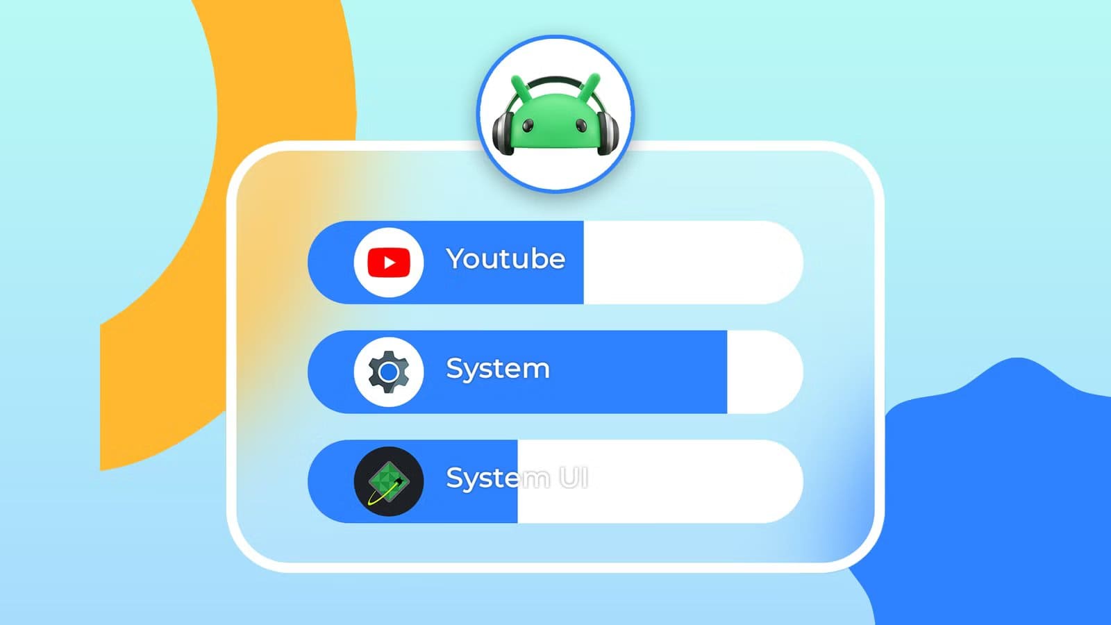 illustration-of-an-android-interface-showing-three-separate-volume-sliders-with-different-app-icons-topped-with-a-green-android-mascot-wearing-headphones طريقة ضبط مستوى الصوت لكل تطبيق على Android بسهولة وبدقة