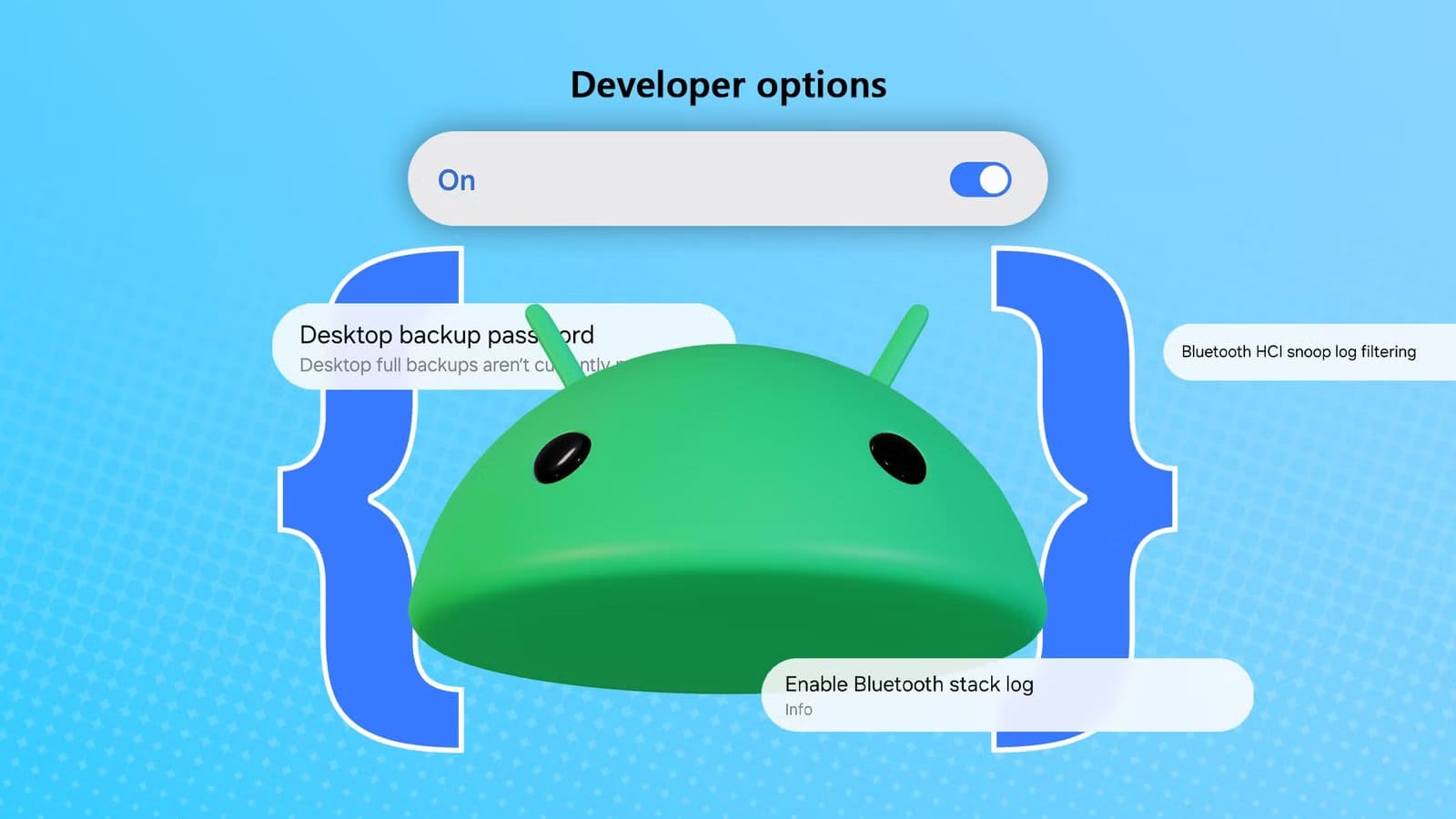 Ilustrasi opsi pengembang Android dengan kepala maskot Android besar di tengah, dikelilingi oleh berbagai opsi pengaktifan/penonaktifan, semuanya berlatar belakang biru dengan dua tanda kurung besar di setiap sisinya. Mengapa Anda harus mengaktifkan mode pengembang di Android untuk meningkatkan kinerja dan mendapatkan kendali penuh atas perangkat?