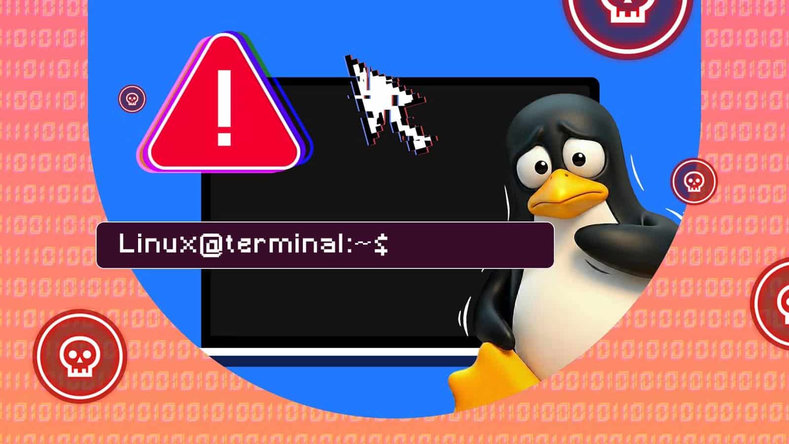 illustration-of-the-linux-tux-mascot-looking-worried-beside-a-terminal-window-with-a-warning-icon-and-skull-symbols أزمة هوية لينكس وتأثيرها على انتشار أنظمة سطح المكتب