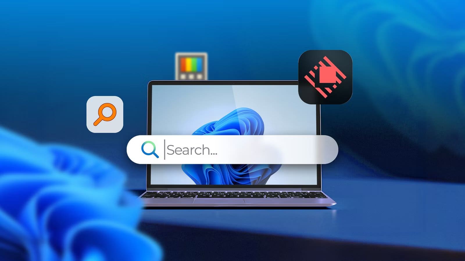 laptop-displaying-windows-11-wallpaper-with-a-large-search-bar-overlay-surrounded-by-icons-for-everything-search-raycast-and-powertoys أفضل أربعة تطبيقات إنتاجية لويندوز تساعدك على إنجاز العمل بسرعة
