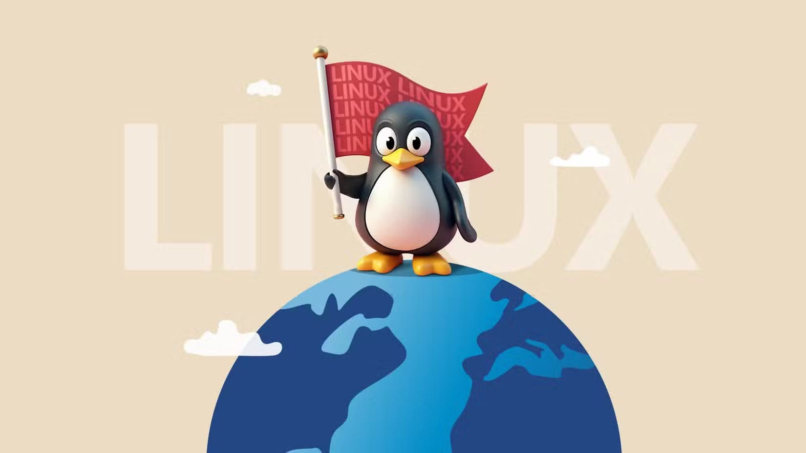 linux-mascot-on-a-globe-holding-a-flag أزمة هوية لينكس وتأثيرها على انتشار أنظمة سطح المكتب