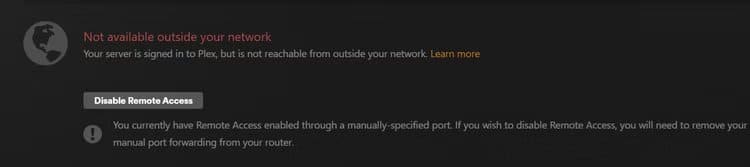plex-remote-access-test-showing-red حل مشاكل البث عن بُعد في Plex وضمان استقرار التشغيل بدون انقطاع