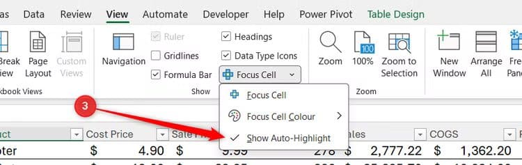 show-auto-highlight-is-checked-in-excel-s-focus-cell-drop-down-menu 6 إعدادات في واجهة Excel يجب تعديلها لزيادة السرعة والدقة قبل إنشاء أي جدول