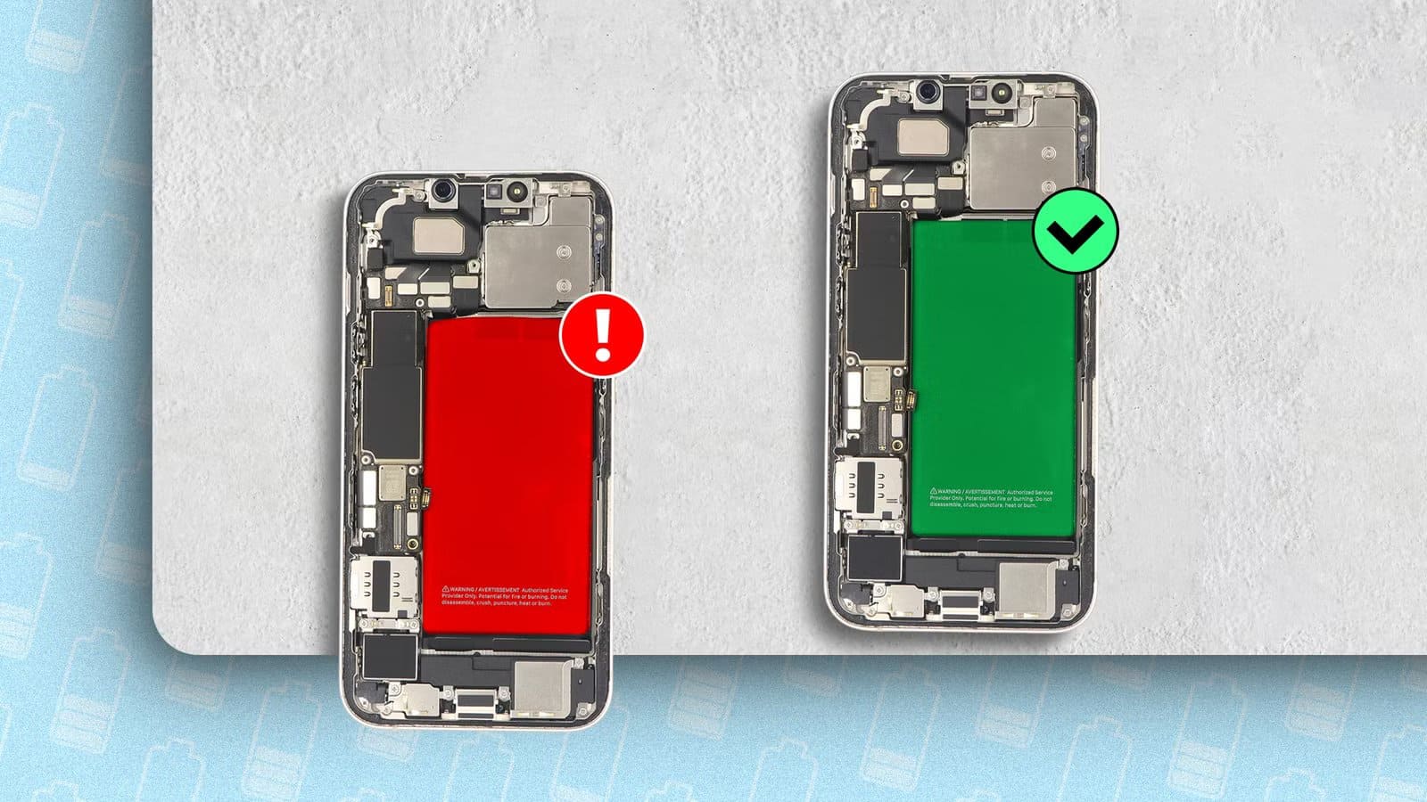split-screen-of-two-open-phones-one-with-a-red-battery-and-one-with-a-green-battery استبدال بطارية الهاتف خيار ذكي يطيل عمر جهازك ويوفر تكلفة شراء هاتف جديد