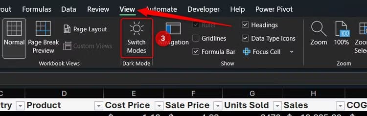 switch-modes-in-the-view-tab-on-the-excel-ribbon-is-selected 6 إعدادات في واجهة Excel يجب تعديلها لزيادة السرعة والدقة قبل إنشاء أي جدول