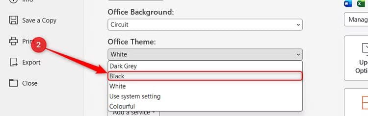 the-black-office-theme-is-selected-in-the-account-menu-in-microsoft-excel 6 إعدادات في واجهة Excel يجب تعديلها لزيادة السرعة والدقة قبل إنشاء أي جدول
