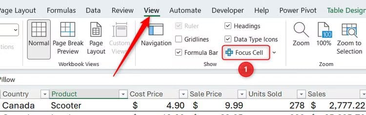 the-focus-cell-button-in-excel-s-view-tab 6 إعدادات في واجهة Excel يجب تعديلها لزيادة السرعة والدقة قبل إنشاء أي جدول