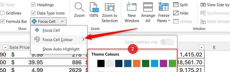 the-focus-cell-color-selector-in-microsoft-excel 6 إعدادات في واجهة Excel يجب تعديلها لزيادة السرعة والدقة قبل إنشاء أي جدول