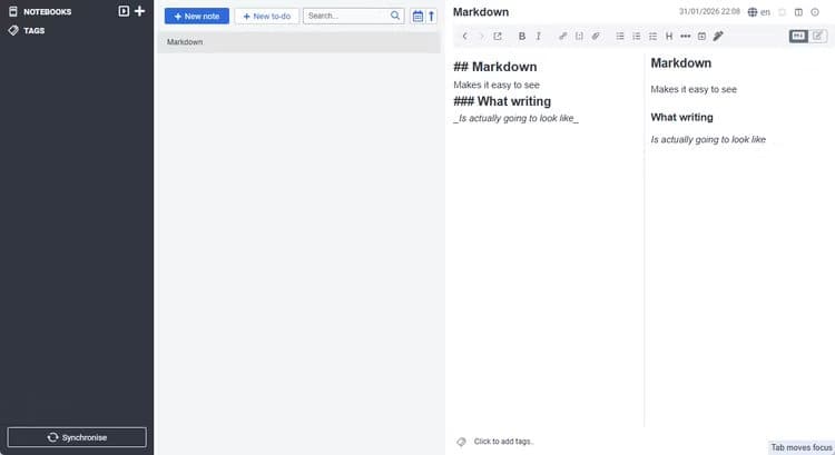 the-joplin-edit-with-its-markdown-capabilities-highlighted أفضل أربعة تطبيقات إنتاجية لويندوز تساعدك على إنجاز العمل بسرعة