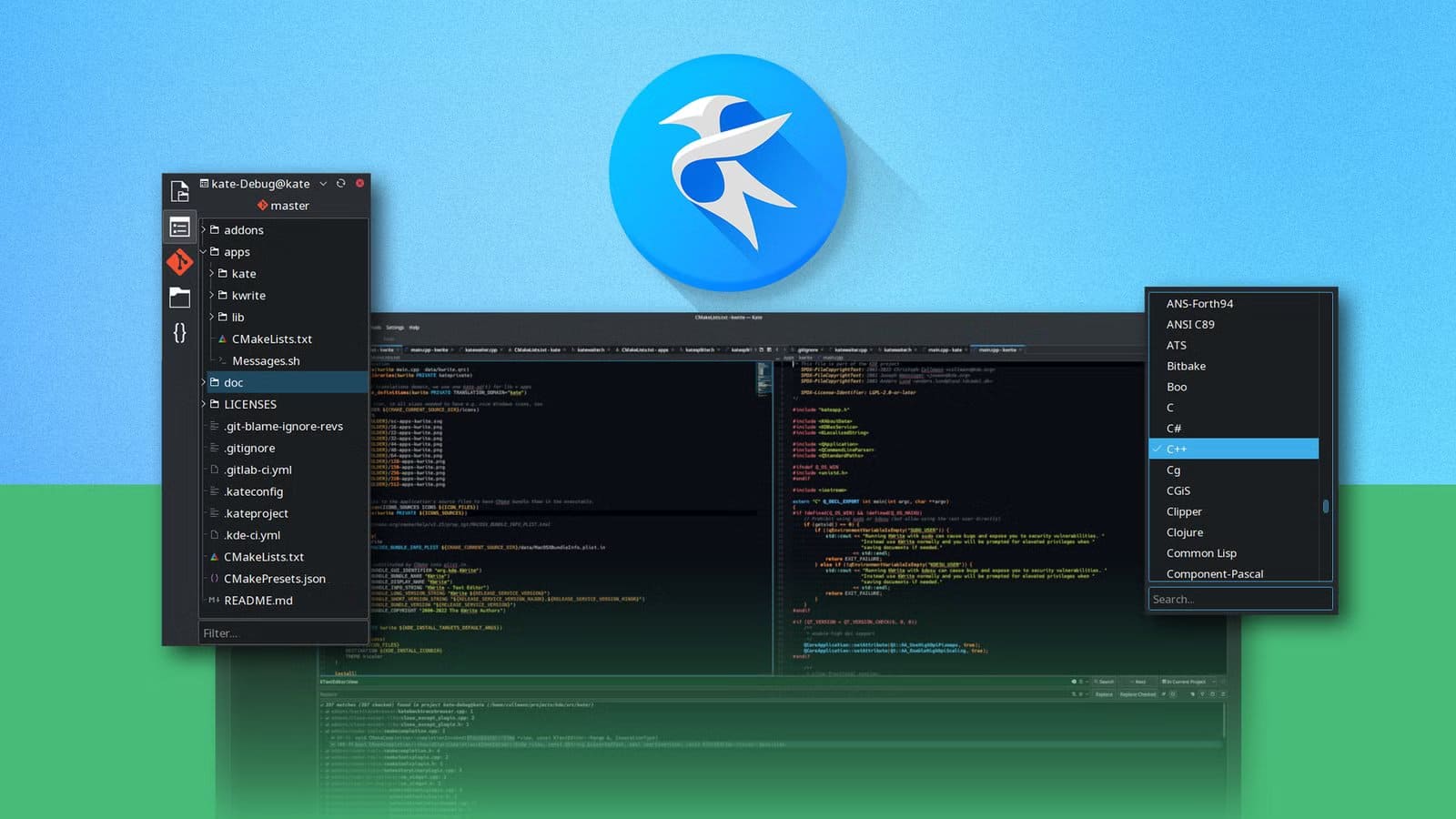 the-kate-text-editor-interface-featuring-code-a-file-explorer-and-the-kate-logo لماذا يفضل بعض المبرمجين تعلم البرمجة باستخدام محرر Kate بدلاً من VS Code