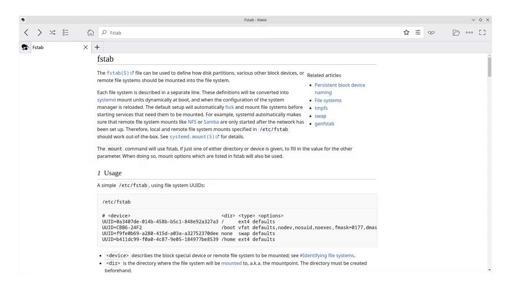 the-kiwix-app-showing-the-arch-wiki-page-on-fstab 6 تطبيقات Linux محمولة تعزز إنتاجيتك على أي توزيعة دون تثبيت
