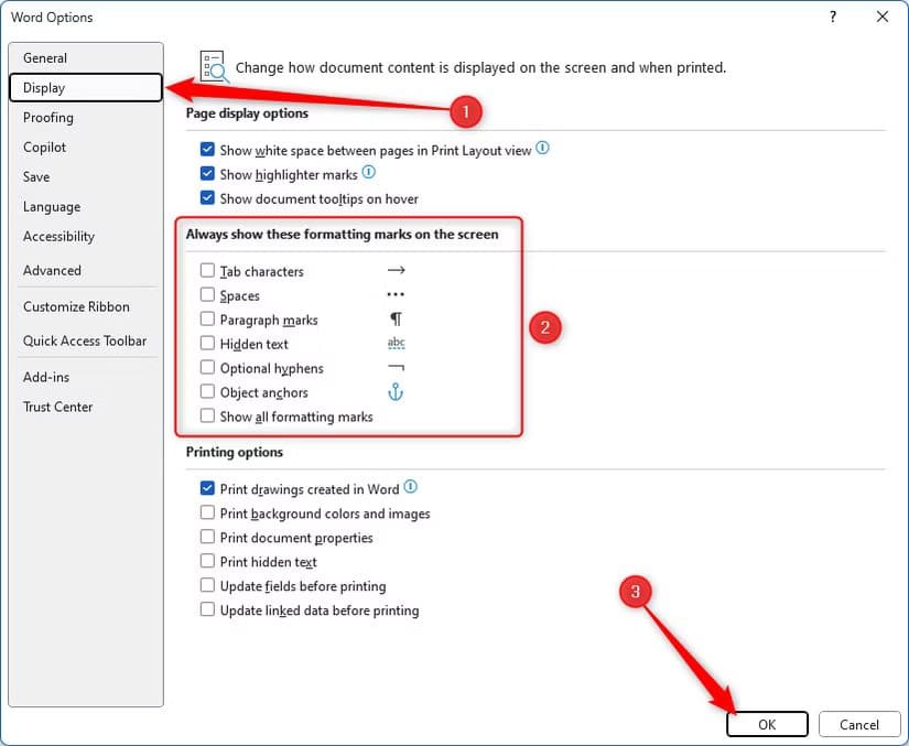 the-option-to-always-show-formatting-marks-in-the-display-tab-of-the-microsoft-word-options-window استخدام الأحرف غير القابلة للطباعة في Microsoft Word لتحسين تنسيق المستندات بدقة