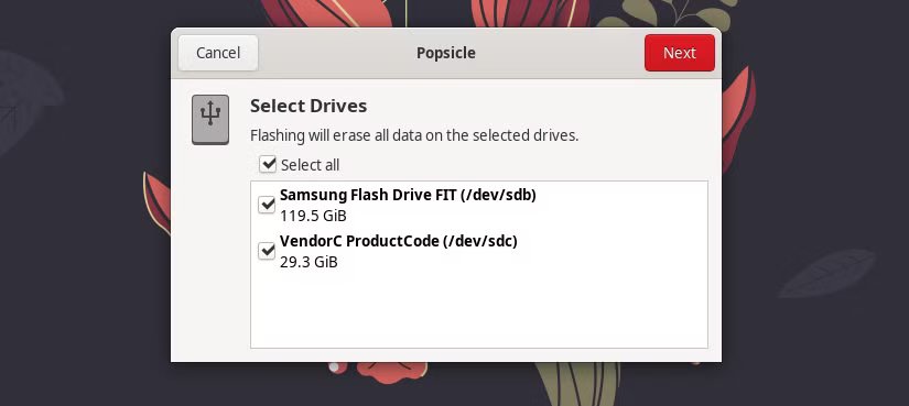 the-popsicle-app-for-linux-showing-multiple-drives-available-for-writing 6 تطبيقات Linux محمولة تعزز إنتاجيتك على أي توزيعة دون تثبيت