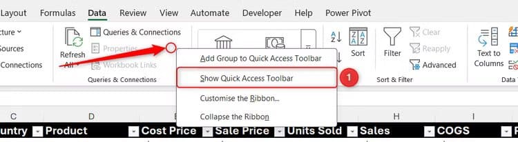 the-ribbon-right-click-menu-in-excel-is-expanded-and-show-quick-access-toolbar-is-selected 6 إعدادات في واجهة Excel يجب تعديلها لزيادة السرعة والدقة قبل إنشاء أي جدول