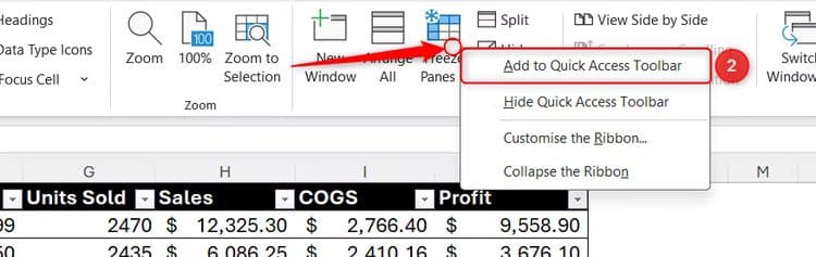 the-right-click-menu-of-the-freeze-panes-button-in-excel-is-expanded-and-add-to-quick-access-toolbar-is-selected 6 إعدادات في واجهة Excel يجب تعديلها لزيادة السرعة والدقة قبل إنشاء أي جدول