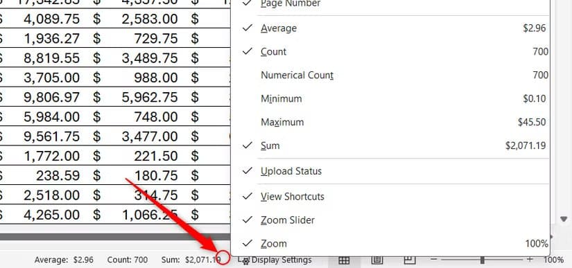 the-status-bar-right-click-menu-in-microsoft-excel 6 إعدادات في واجهة Excel يجب تعديلها لزيادة السرعة والدقة قبل إنشاء أي جدول