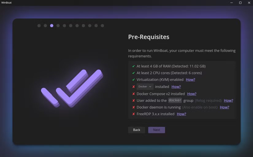 the-winboat-prequisites-screen 6 تطبيقات Linux محمولة تعزز إنتاجيتك على أي توزيعة دون تثبيت