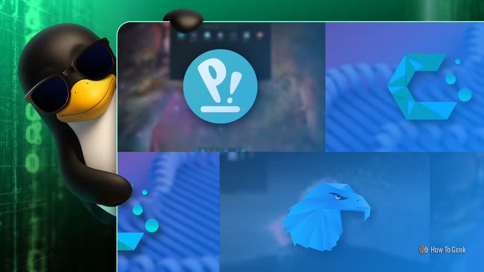 tux-the-linux-mascot-wearing-sunglasses-beside-a-screen-showcasing-different-linux-distros أزمة هوية لينكس وتأثيرها على انتشار أنظمة سطح المكتب