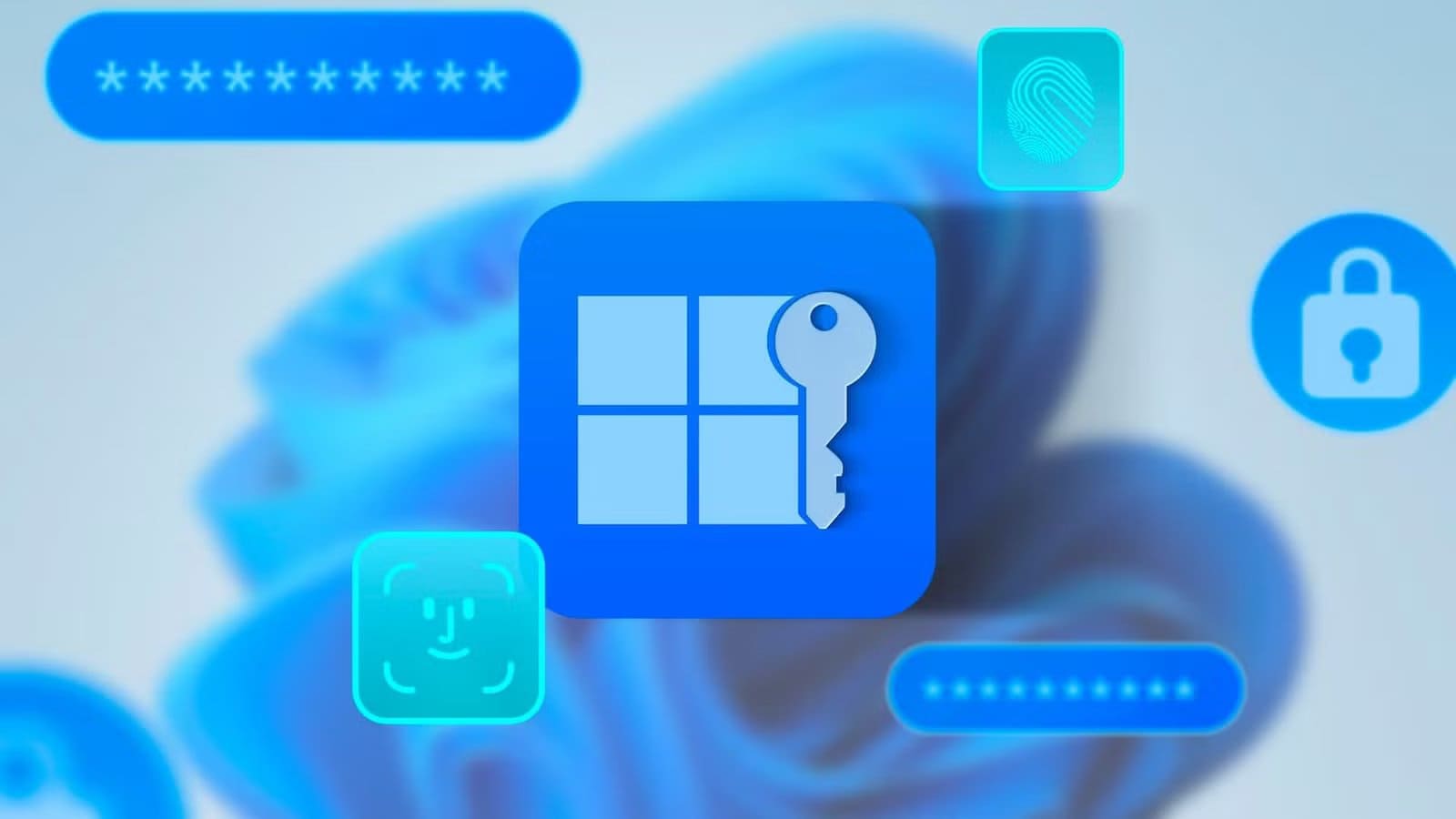 windows-11-logo-with-a-key-next-to-it-and-icons-of-password-security-and-facial-recognition-around-it لماذا يتفوق ويندوز على لينكس في الأمان من خلال ثلاث ميزات أساسية