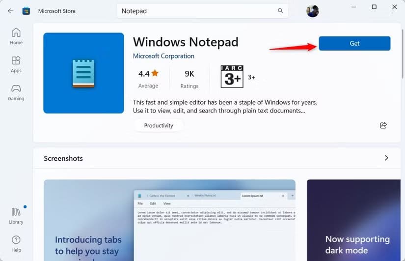 windows-11-microsoft-store-notepad-get-button خمسة أخطاء قد تحدث عند إزالة البرامج المدمجة من ويندوز 11
