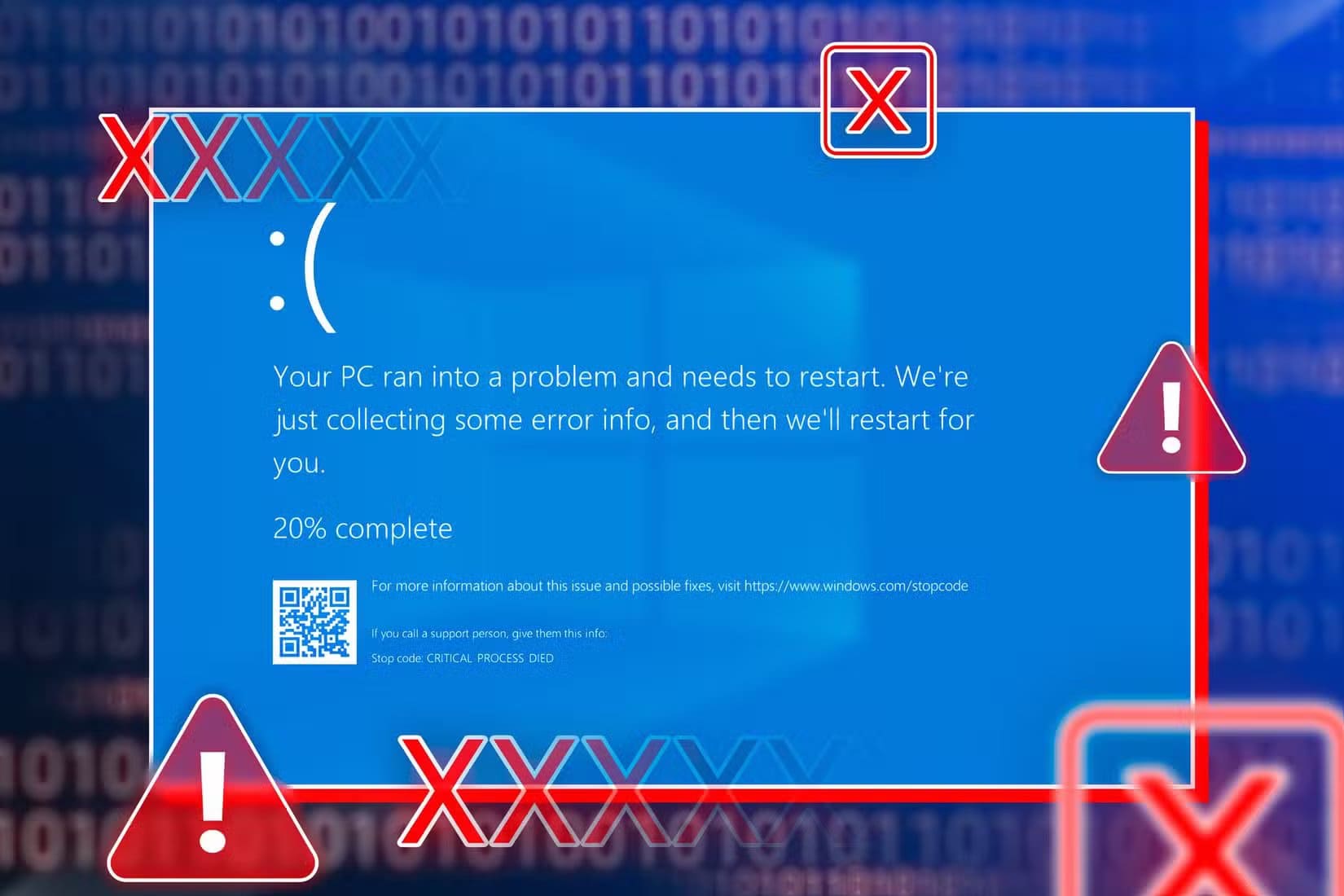 windows-blue-screen-of-death-with-warning-signs-around-it-and-blurred-binary-codes-in-the-background خمسة أخطاء قد تحدث عند إزالة البرامج المدمجة من ويندوز 11