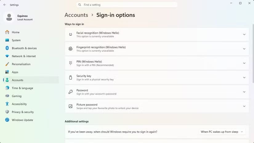 windows-hello-options-w11-local-account لماذا يتفوق ويندوز على لينكس في الأمان من خلال ثلاث ميزات أساسية
