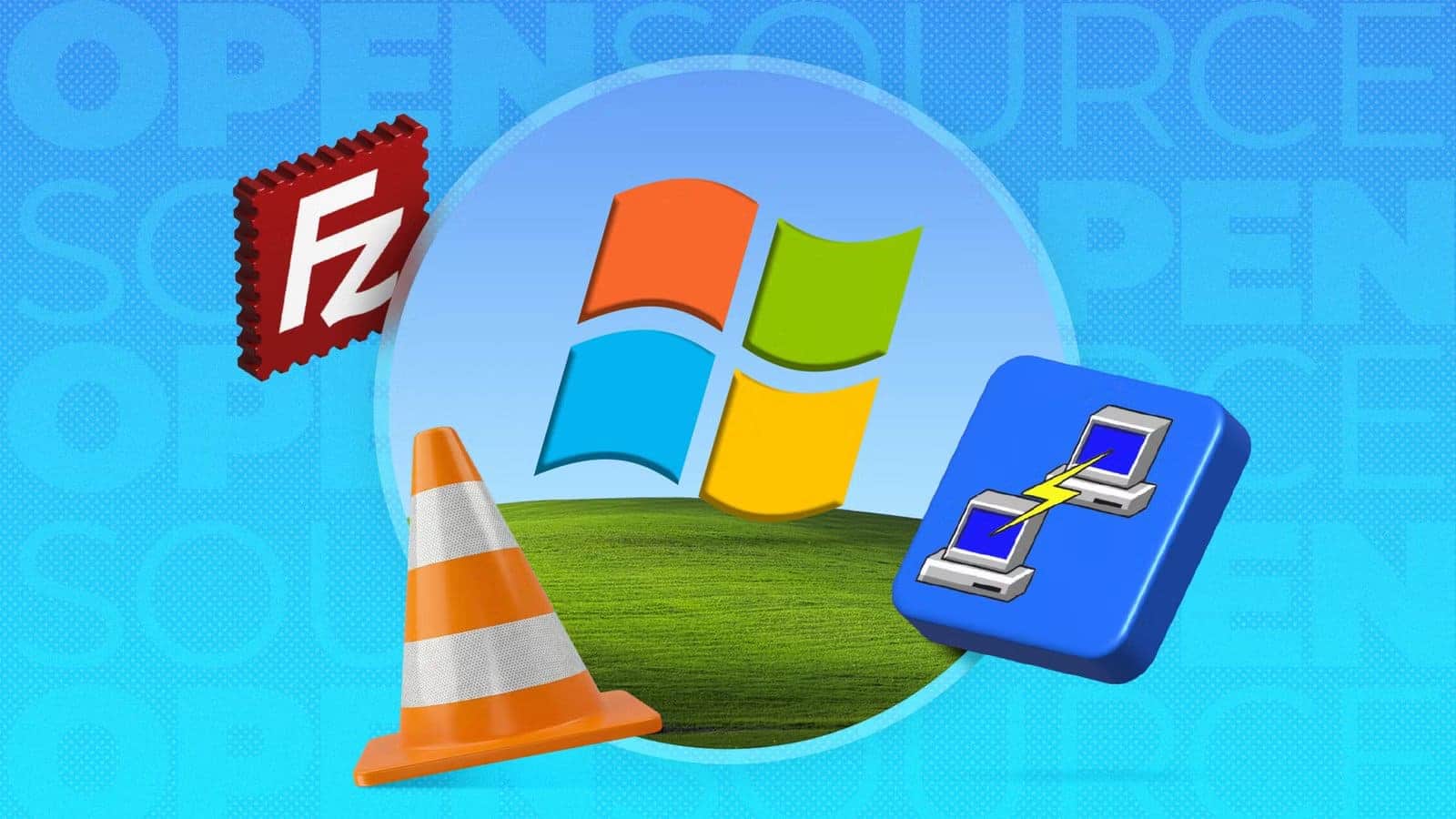 windows-logo-surrounded-by-filezilla-vlc-and-putty-icons أفضل تطبيقات مفتوحة المصدر لحل مشاكل ويندوز وتحسين الأداء بسهولة