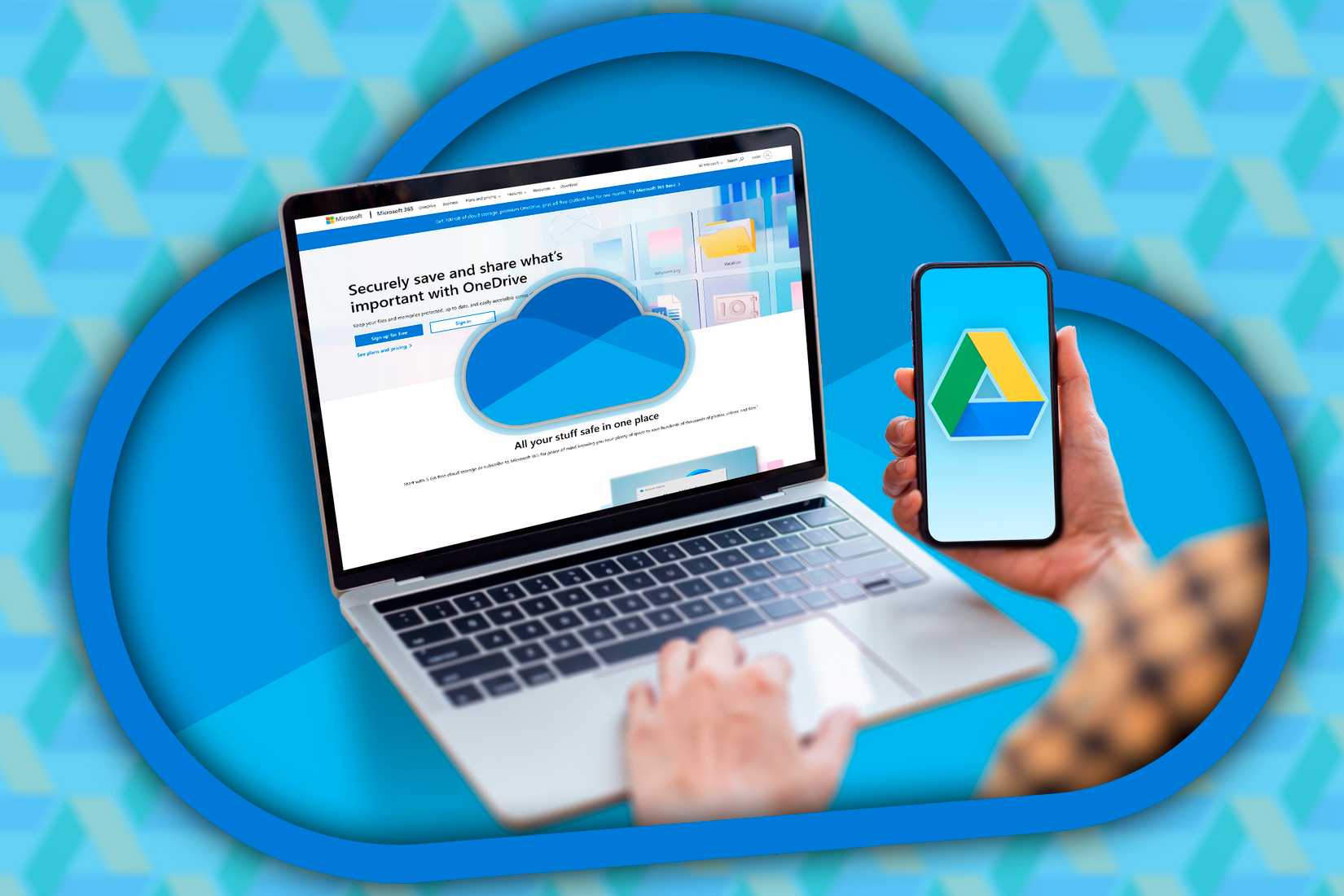 a-laptop-with-the-onedrive-logo-and-a-phone-with-the-google-drive-logo 5 ميزات في OneDrive تمنيت لو عرفتها مبكرًا