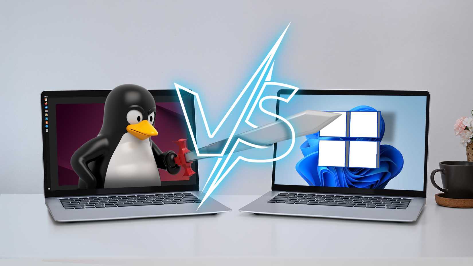 a-linux-laptop-with-the-linux-mascot-holding-a-sword-a-windows-laptop-next-to-it-and-a-vs-in-the-center لينكس أفضل من أي وقت مضى، لكن 4 مشاكل تعيدني إلى Windows
