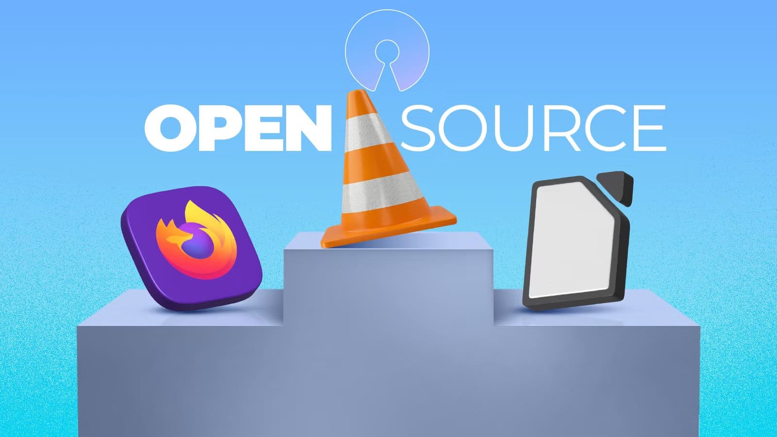 firefox-vlc-and-libreoffice-icons-standing-on-a-podium-under-the-words-open-source أهم تطبيقات مفتوحة المصدر في لينكس التي لا يمكن الاستغناء عنها