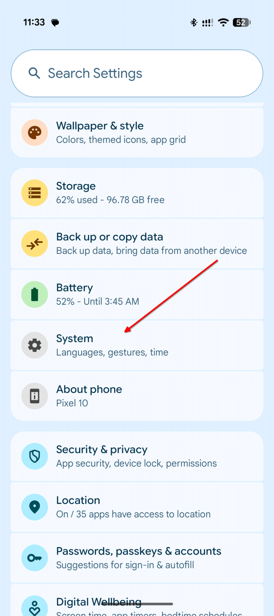 pixel-settings-home-screen-with-arrow-pointing-to-system-option-scaled 5 إعدادات Android مخفية تمنيت لو غيرتها منذ سنوات