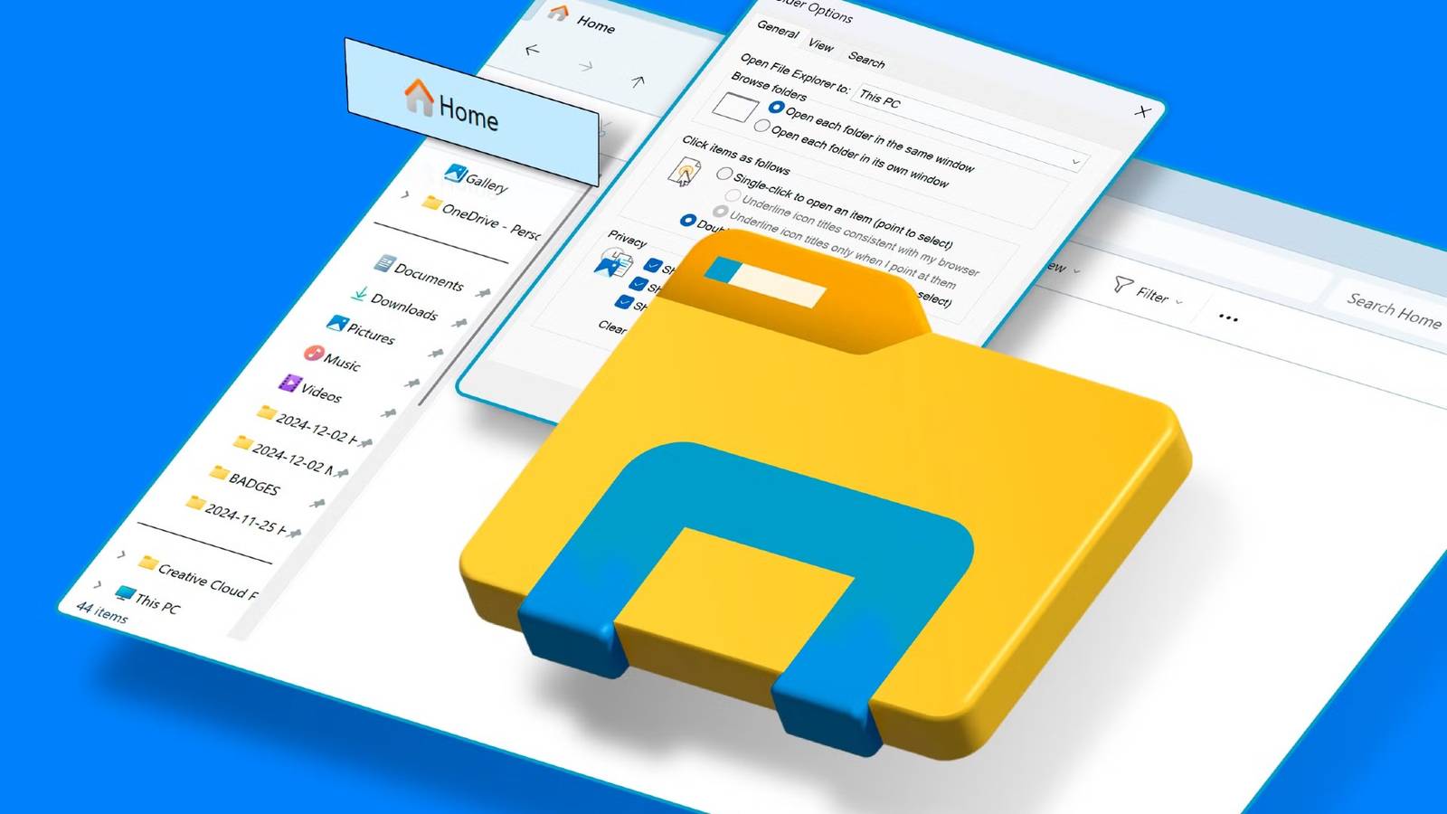 windows-explorer-highlighting-the-home-folder-with-the-file-explorer-icon-in-the-center-1 إدارة ملفات Windows لا يجب أن تكون يدوية إليك ما تفعله خطأ
