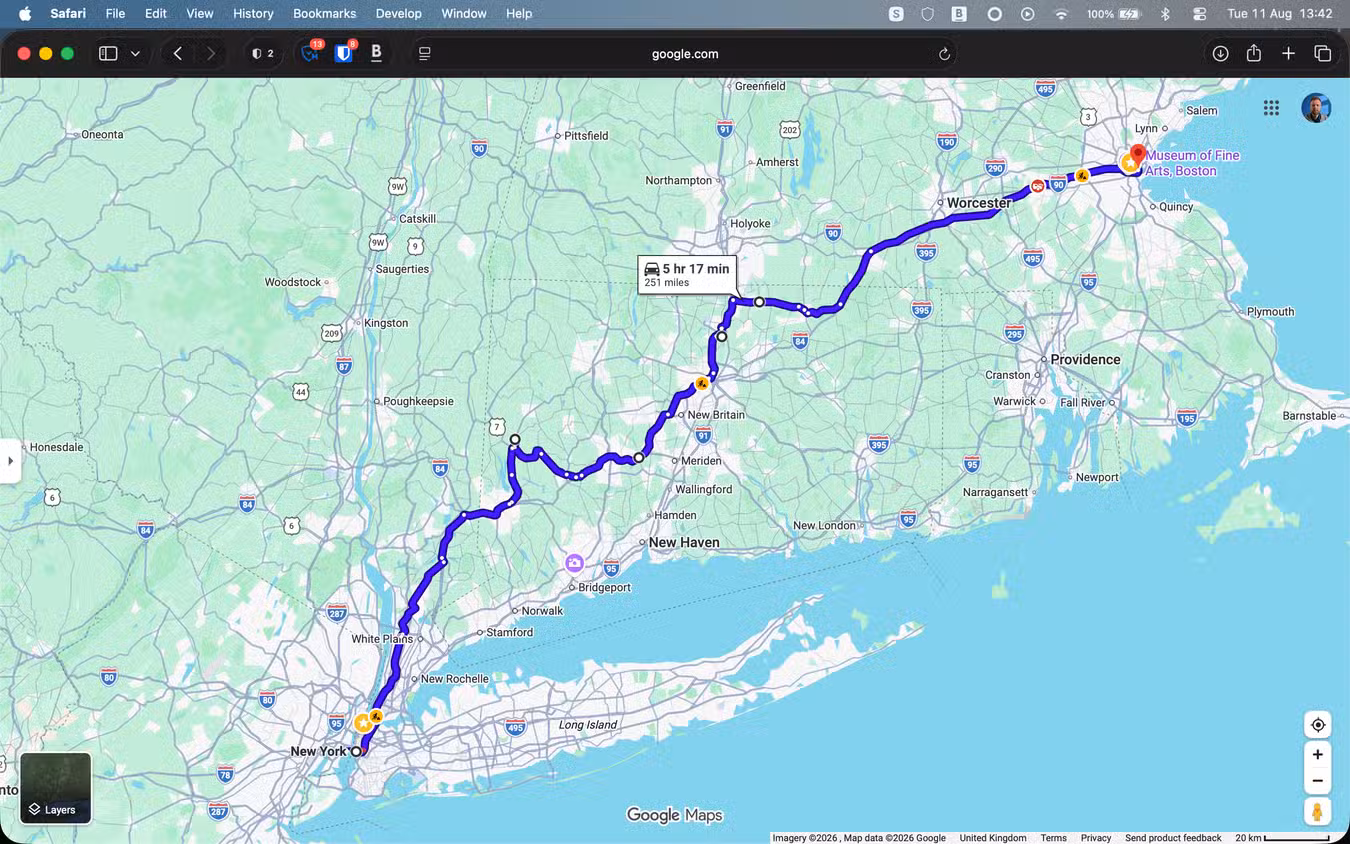 a-route-shown-in-full-in-google-maps-on-desktop خرائط جوجل على الكمبيوتر أفضل لتخطيط الرحلات وهذه أهم الأسباب