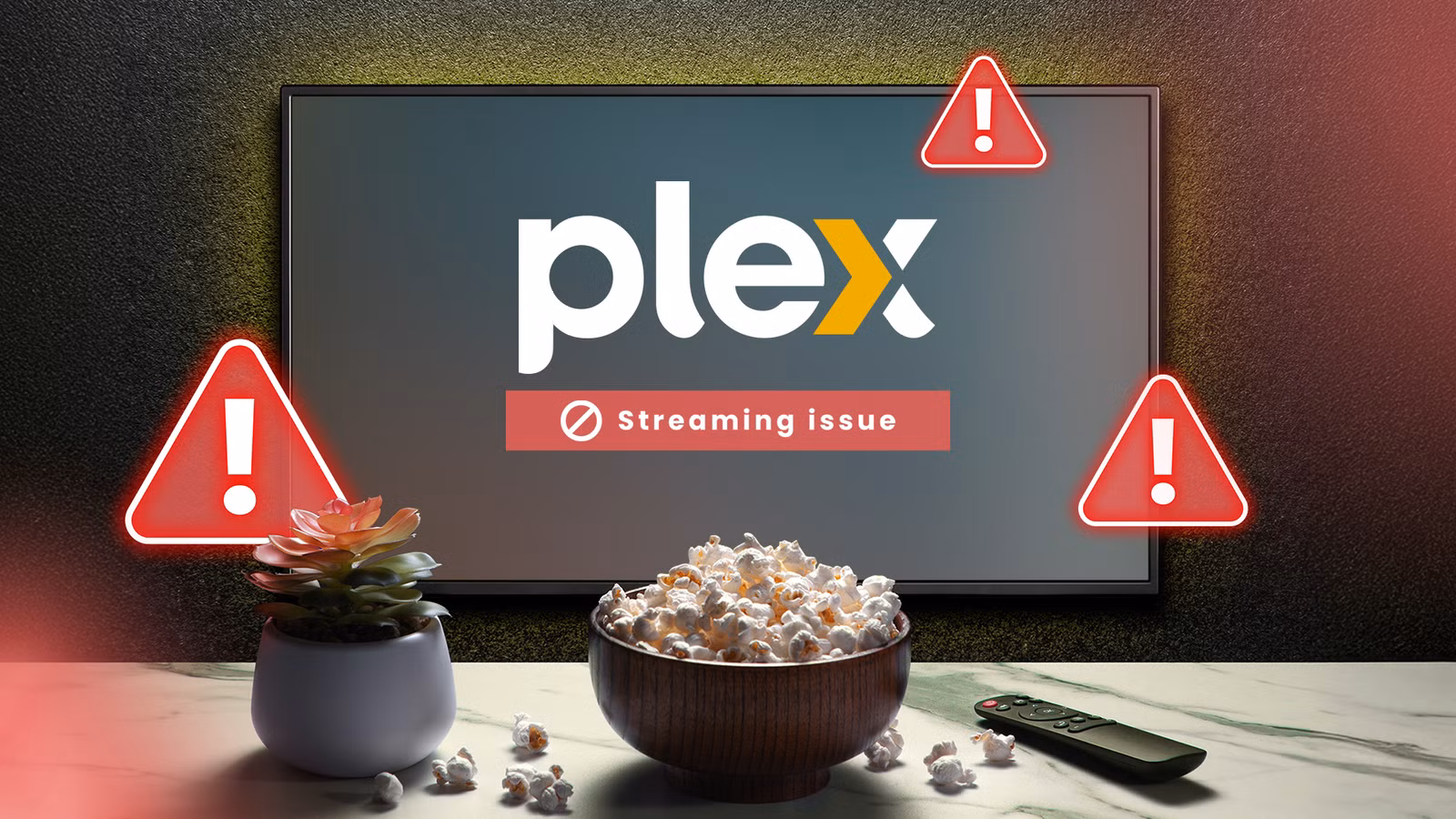 a-tv-with-the-plex-logo-displaying-a-streaming-error-with-a-popcorn-bucket-and-a-remote-control-in-front 4 إعدادات افتراضية في Plex من الأفضل عدم تغييرها لتجنب مشاكل البث والأداء