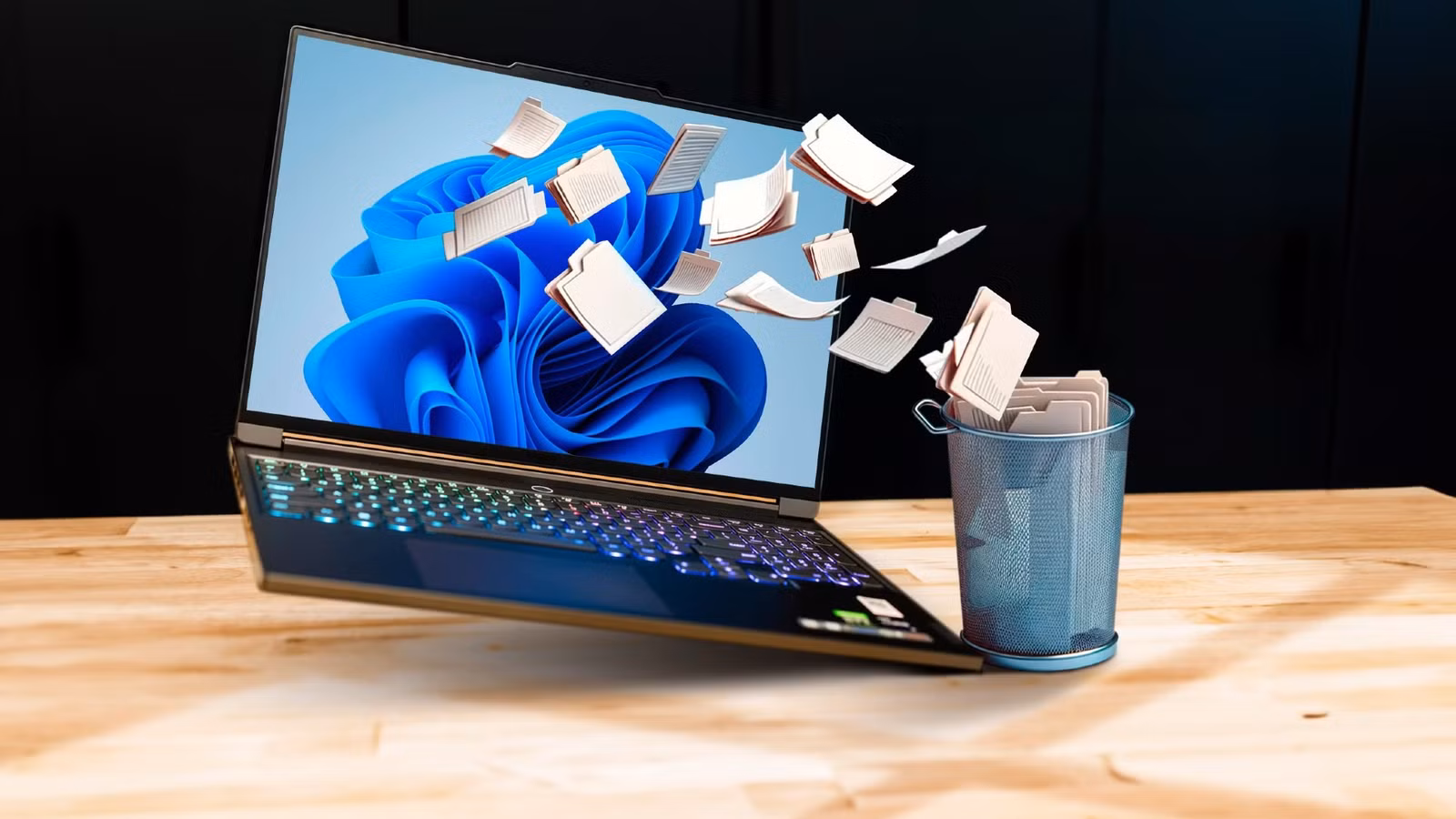 a-windows-11-laptop-with-some-files-being-dumped-into-a-trash-can لماذا يخسر ويندوز مستخدمي الكمبيوتر لصالح لينكس وأبل وجوجل