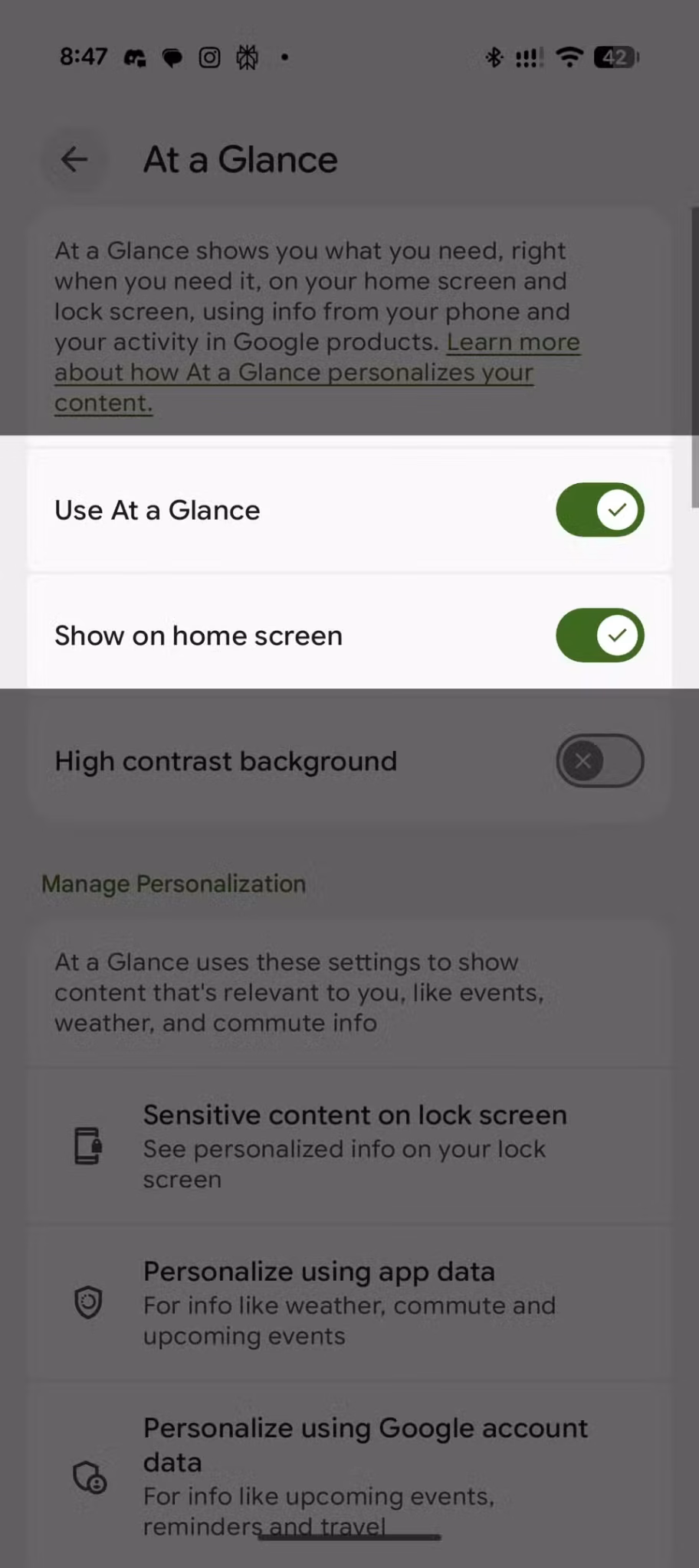 at-a-glance-settings-with-use-at-a-glance-and-show-on-home-screen-both-toggled-on-scaled 5 إعدادات أغيّرها فورًا عند شراء هاتف Google Pixel جديد