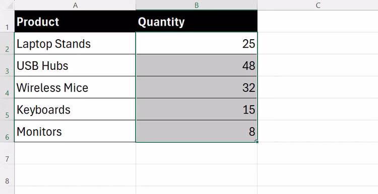 excel-quantity-column-selected-showing-numbers-without-units 5 أدوات تنسيق في Excel تجعل جداول البيانات أكثر احترافية وتنظيمًا
