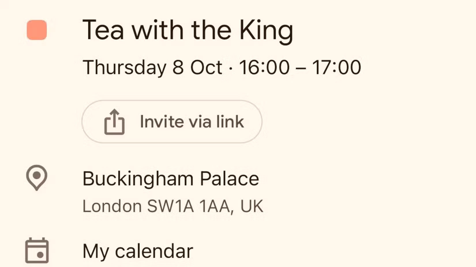 google-calendar-event-tea-with-the-king-at-buckingham-palace-with-invite-via-link-button 5 تطبيقات تعمل مع خرائط جوجل لتسهيل التنقل والسفر