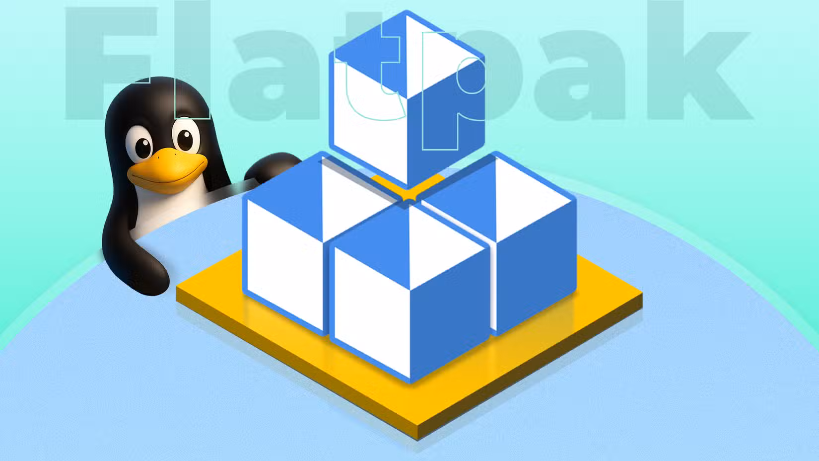 illustration-of-tux-the-linux-mascot-beside-the-flatpak-logo-made-of-blue-and-white-cubes-on-a-yellow-base-with-the-word-flatpak-in-the-background أفضل 5 تطبيقات لينكس للمبتدئين يجب تثبيتها بعد تثبيت النظام