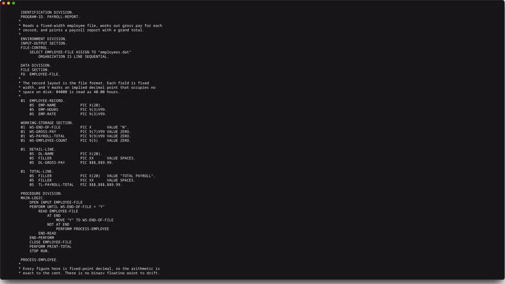 a-terminal-window-displays-a-cobol-program-that-calculates-payroll-from-a-data-file 3 لغات برمجة قديمة لا تزال مطلوبة ويمكن أن تقودك إلى وظيفة جيدة