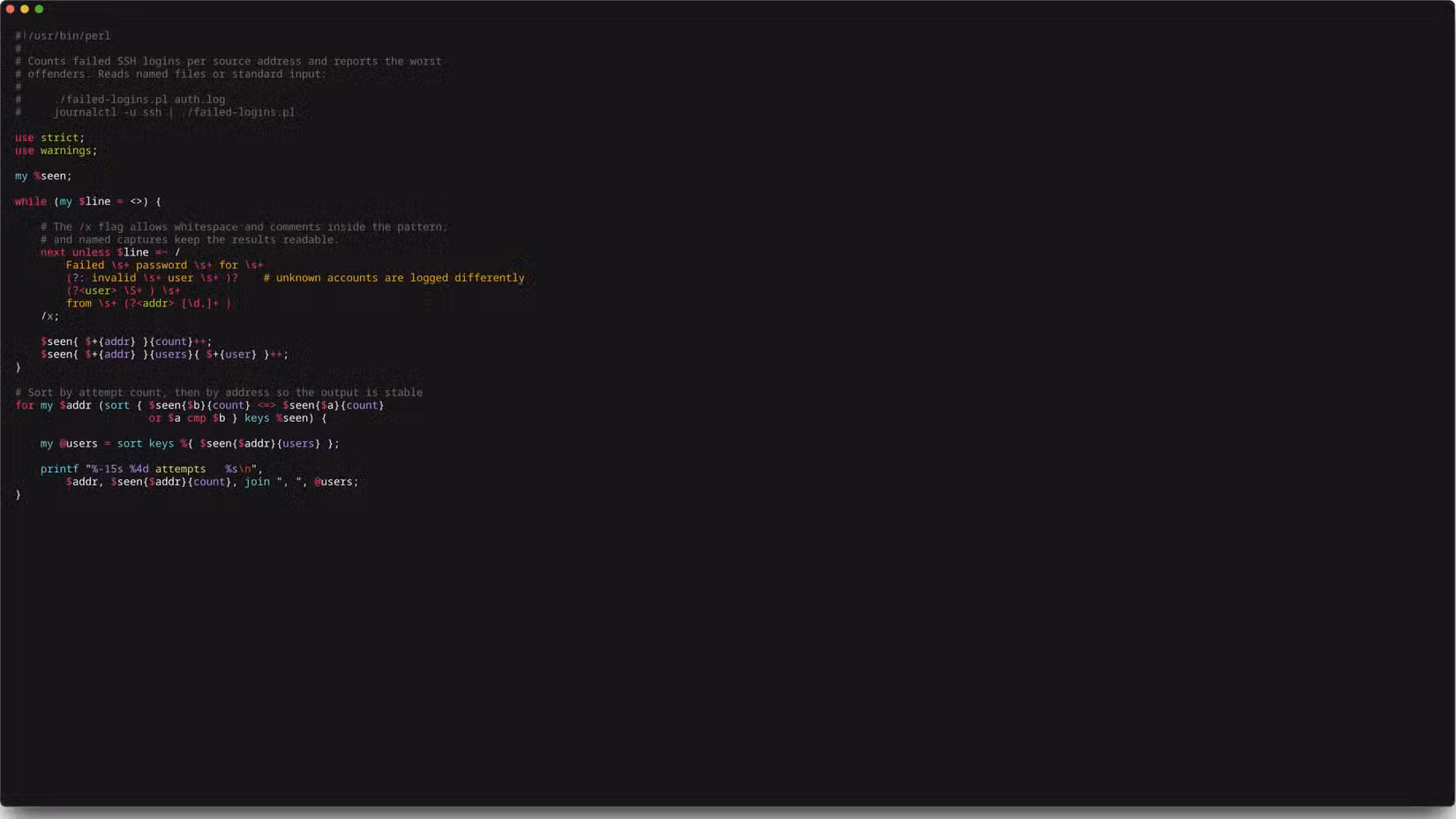 a-terminal-window-displays-a-perl-script-that-counts-failed-ssh-logins-by-address 3 لغات برمجة قديمة لا تزال مطلوبة ويمكن أن تقودك إلى وظيفة جيدة