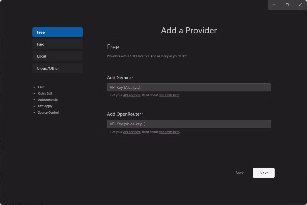 add-a-provider-free-api-key-input-page 4 بدائل مفتوحة المصدر لـ VS Code تمنحك حرية أكبر في استخدام المحرر