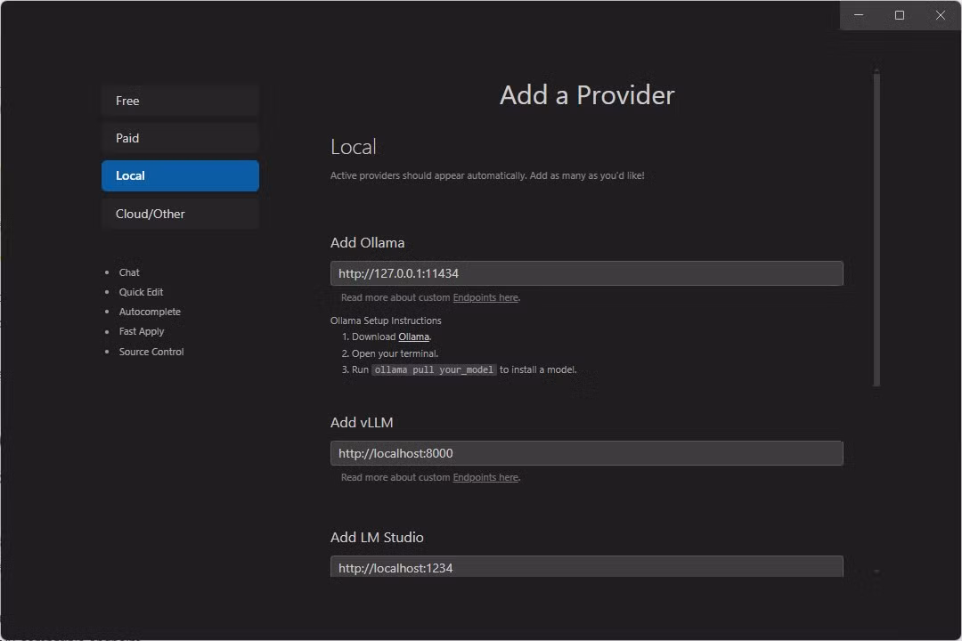 add-a-provider-local-settings-page 4 بدائل مفتوحة المصدر لـ VS Code تمنحك حرية أكبر في استخدام المحرر