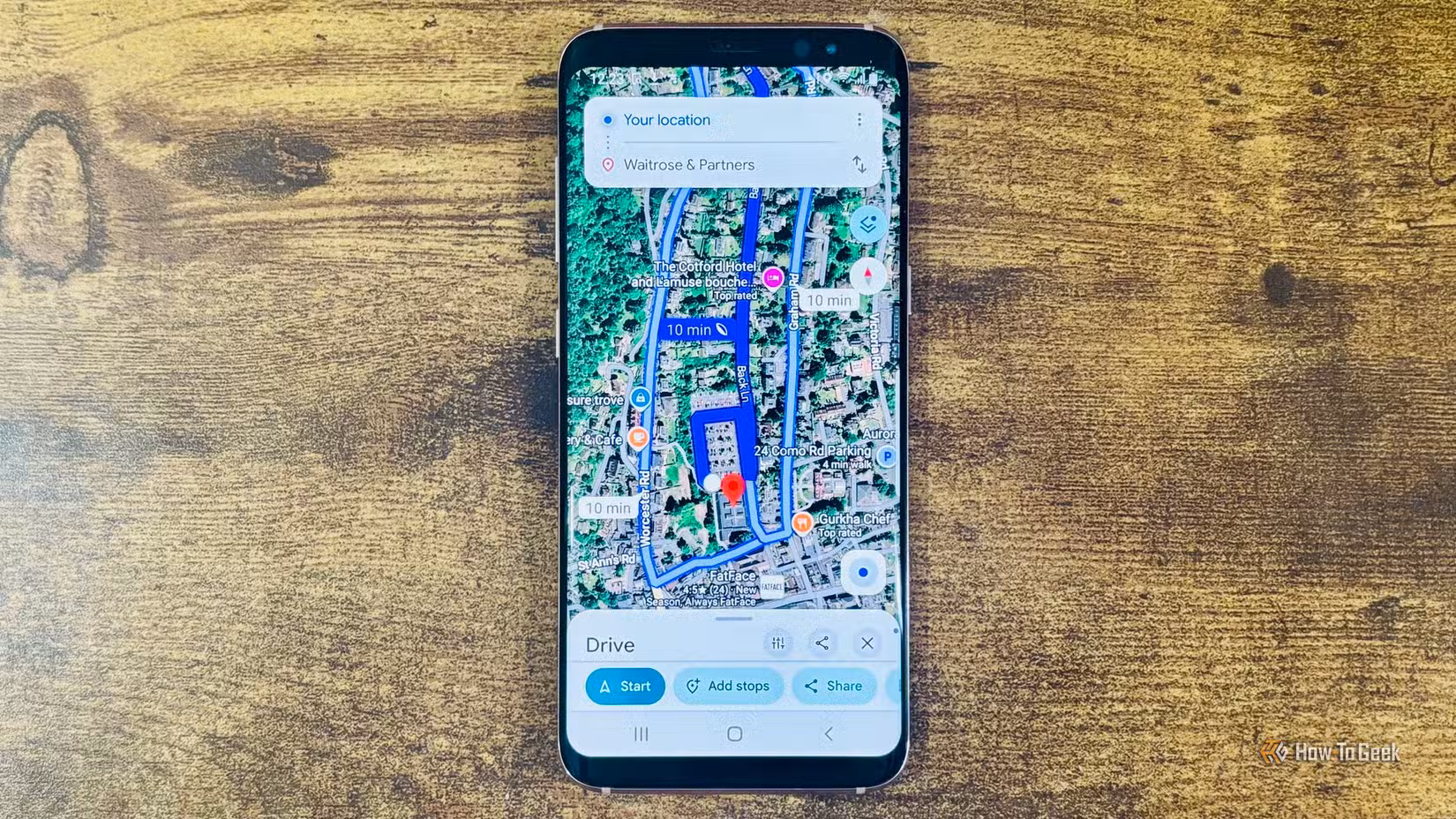 android-google-maps-close-up-showing-a-10-minute-route-to-waitrose-and-partners-with-drive-start-add-stops-and-share-buttons كيف تحذف شبكات Wi-Fi المحفوظة على هاتف أندرويد لحماية خصوصيتك