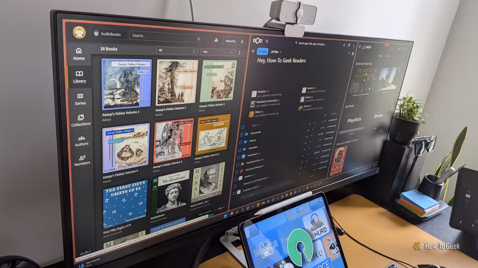 audiobookshelf-nextcloud-and-jellyfin-open-in-a-three-split-zen-browser-window 5 مشاريع استضافة ذاتية للمبتدئين تمنح حاسوبك القديم استخدامًا جديدًا