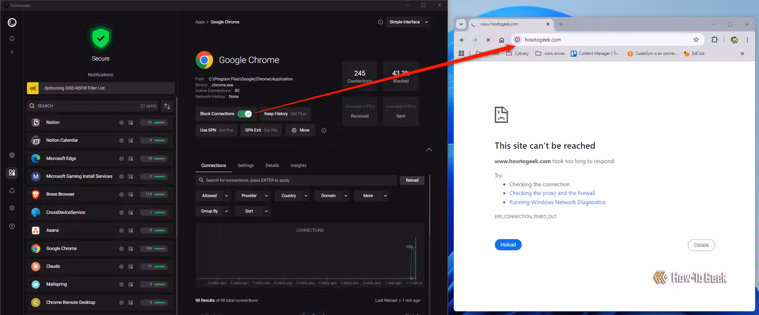 blocking-google-chrome-using-portmaster كيفية إيقاف التطبيقات التي تستهلك بيانات الواي فاي في ويندوز