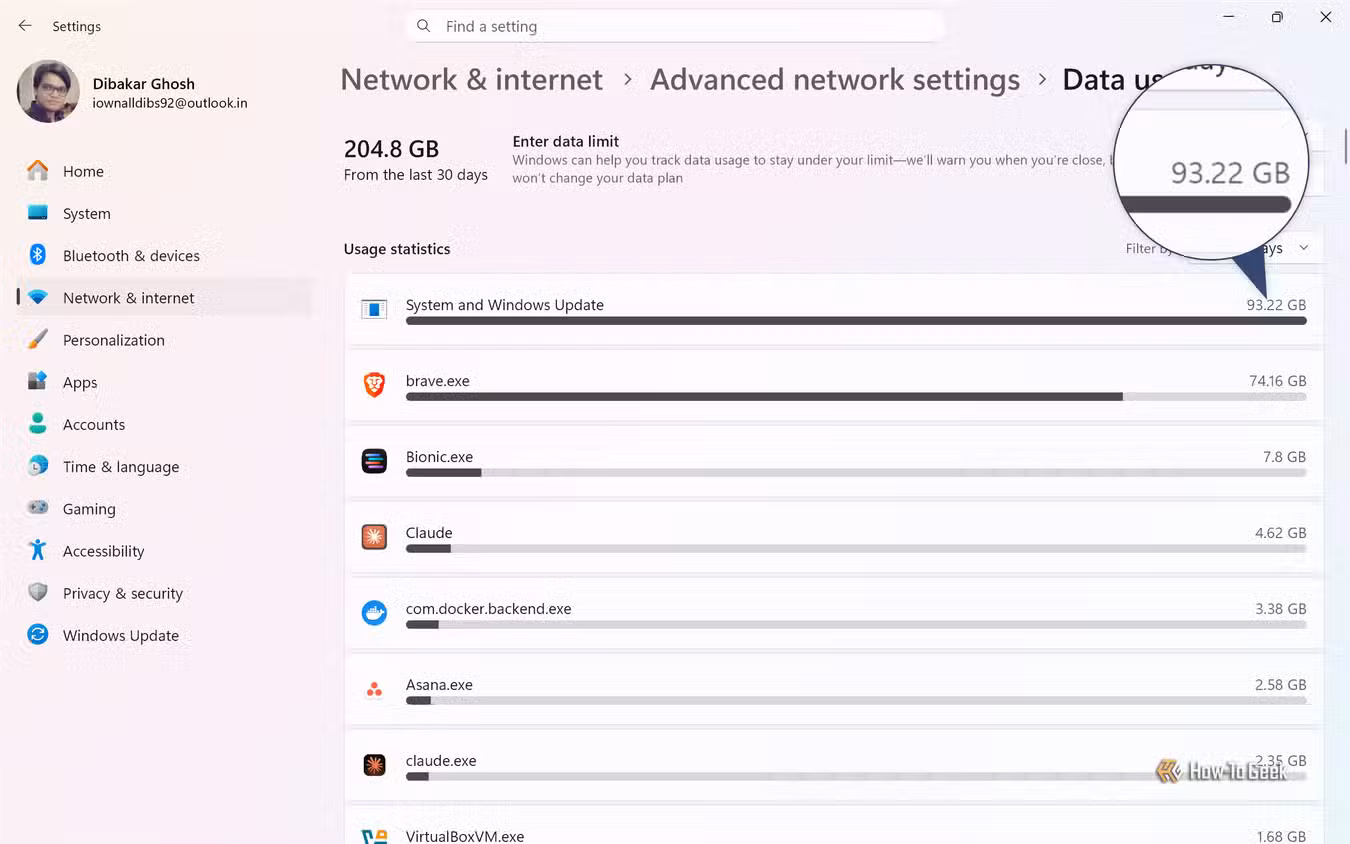 data-usage-screen-listing-system-and-windows-update-at-93-22-gb-followed-by-brave-exe-at-74-16-gb-over-30-days-1 كيفية إيقاف التطبيقات التي تستهلك بيانات الواي فاي في ويندوز