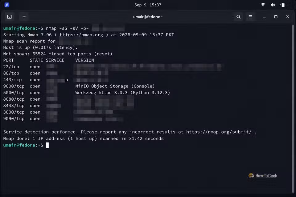fedora-terminal-nmap-scan-1 لماذا يُعد توجيه المنافذ خطرًا أمنيًا على شبكتك المنزلية