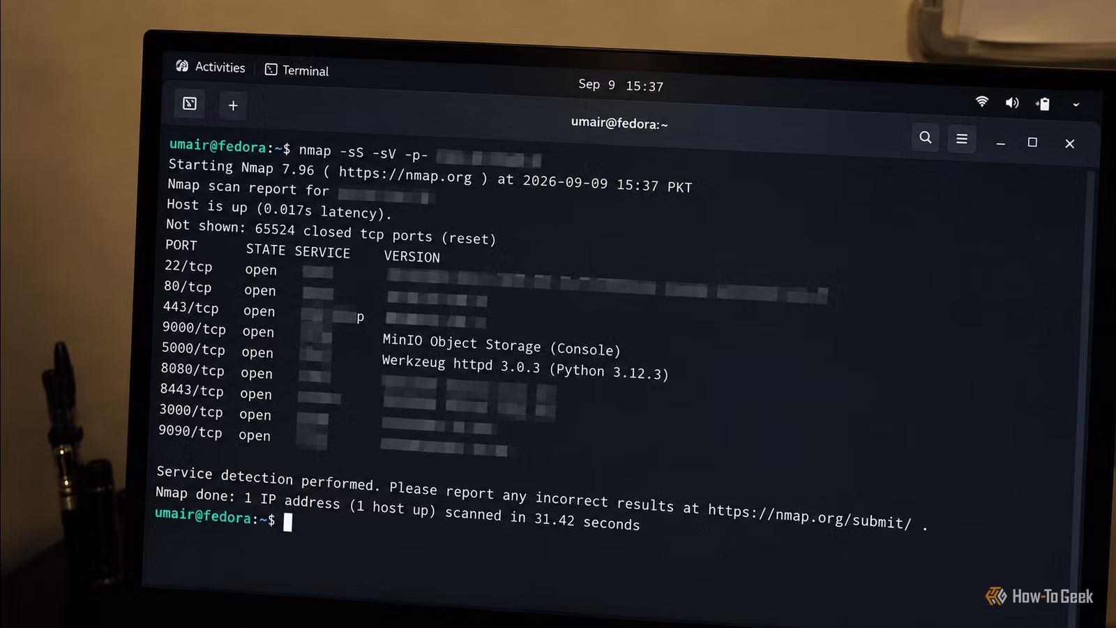 fedora-terminal-nmap-scan-display لماذا يُعد توجيه المنافذ خطرًا أمنيًا على شبكتك المنزلية