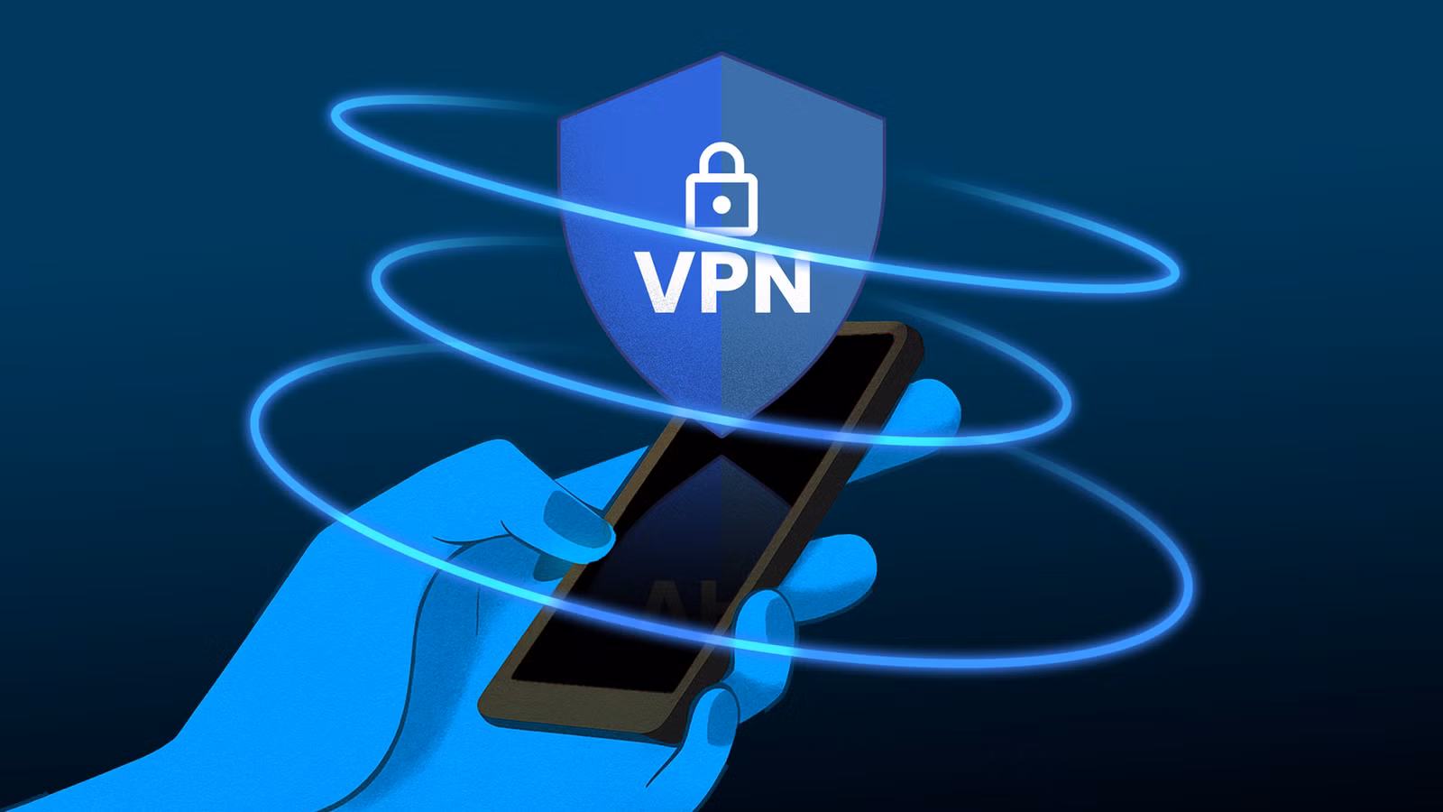 illustration-of-a-hand-holding-a-smartphone-with-a-shield-labeled-vpn-above-it-surrounded-by-blue-protective-rings_ هل يحتوي الراوتر على VPN مدمج وكيف يمكنك استخدامه بشكل صحيح